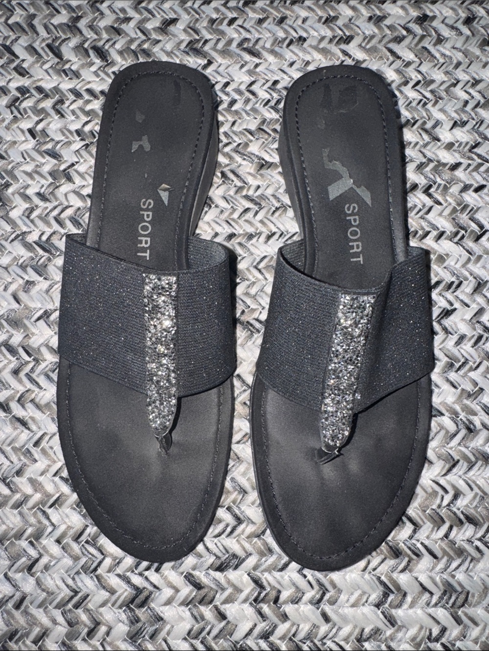 Anne Klein Sport Black Glitter Thong Slide Sandals